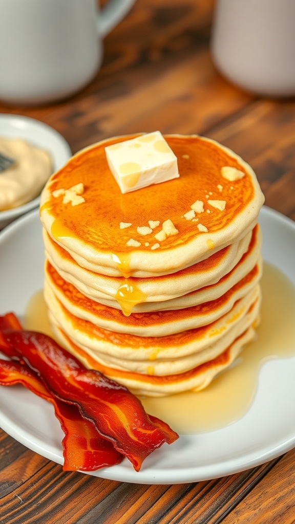 Fluffy cream cheese pancakes on a plate with melted butter and bacon, on a rustic table.